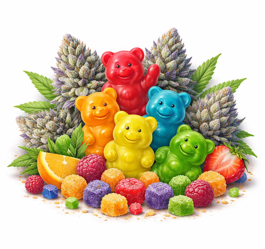 Colorful gummy bear candies with fruits and herbs on a white background