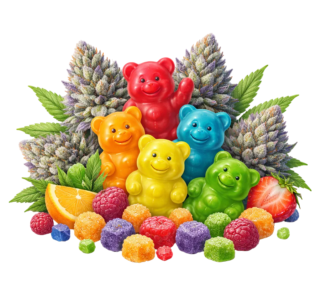 Colorful gummy bear candies with fruits and herbs on a white background