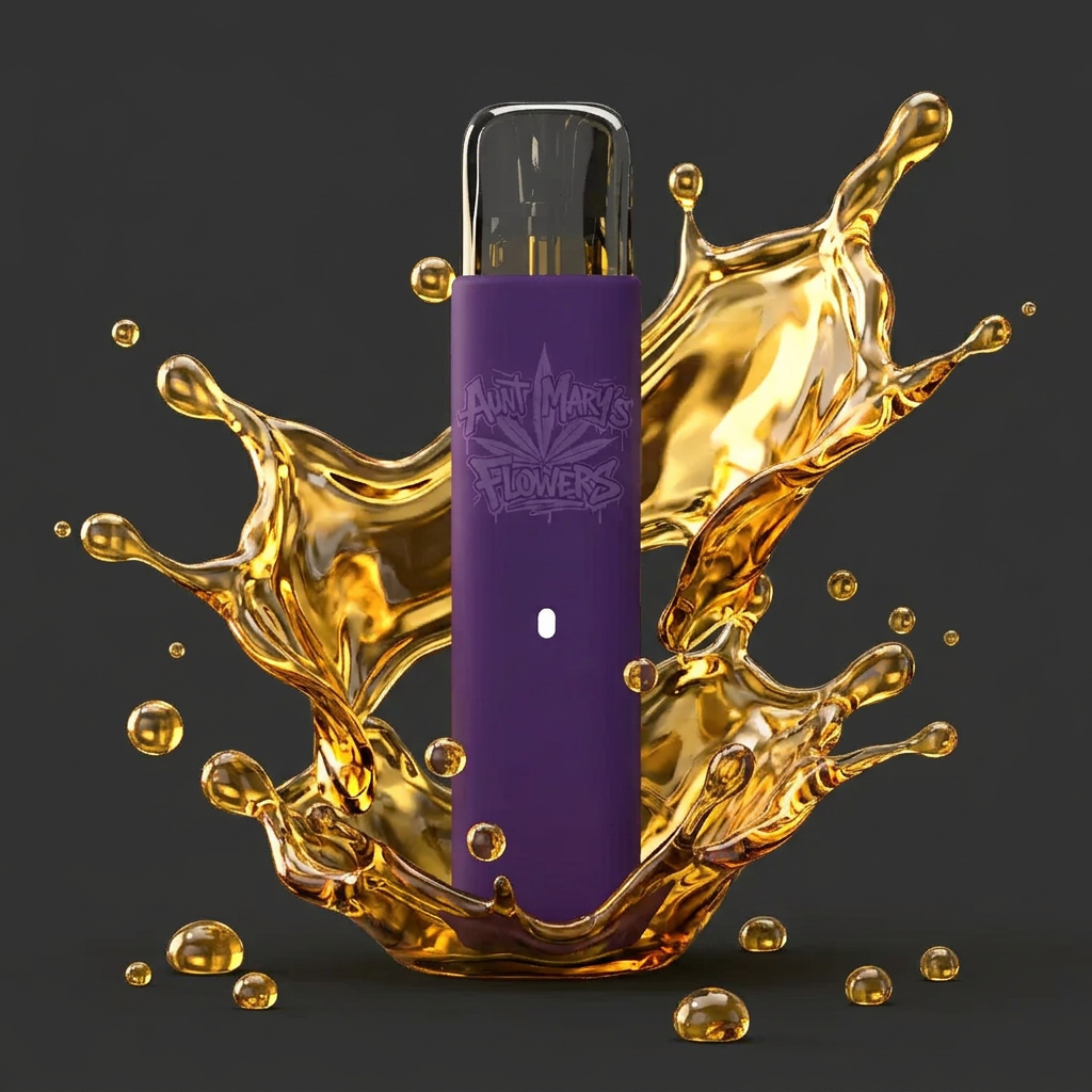 A purple disposable vape device with a black mouthpiece, featuring the 'Aunt Mary's Flowers' brand name and cannabis leaf logo on the front, set against a plain background.